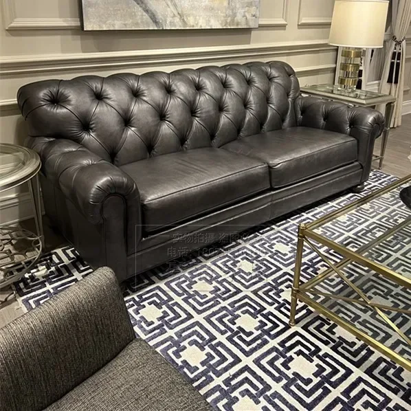 

American retro villa sofa, Chadwick top layer cowhide buckle living room sofa, Jin Dong, same style Ethan Allen