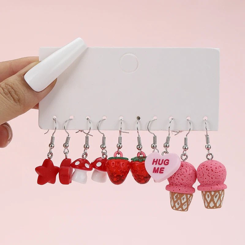 New Fashion Simulation Food Doughnut Ice Cream Candy Strawberry Cherry Resin Earrings Set