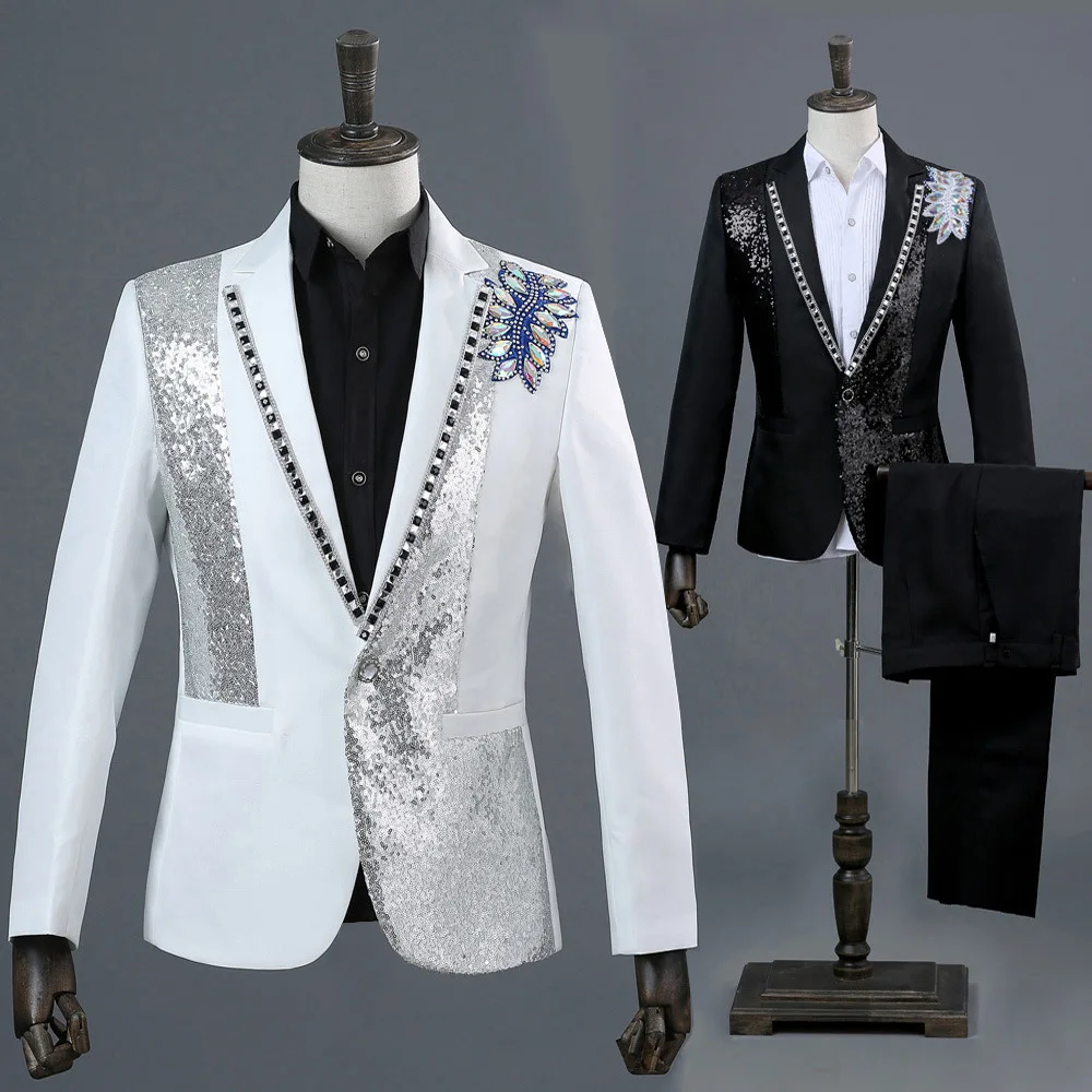 

Stage Performance Men's Suit Bla White with Diamond Frame Studio Photoaphy Costume Singer Trendy Men's Outfit