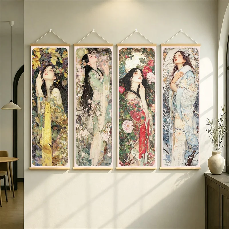 Wall Art Hanging Scroll with Art Nouveau Women and Floral Motifs on Silver Shimmer Canvas for Elegant Living Room Decor