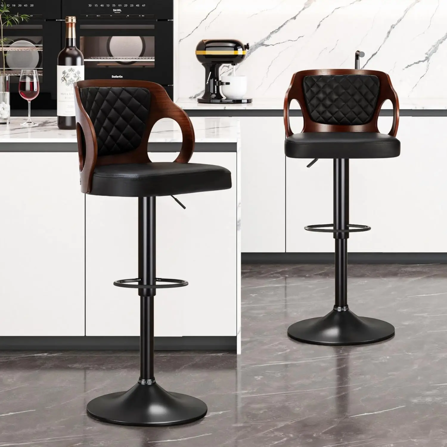 

BarStools Set of 2,Counter Height Stools with Bentwood Back&Arm, Swivel Barstools,PU Leather Kitchen Island Stools, Adjustabl
