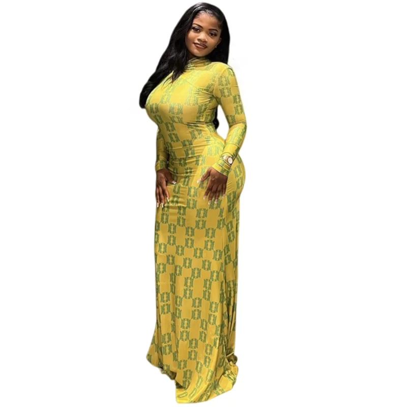 Vestido largo envuelto en caderas plisadas y manga larga con cuello alto para mujer