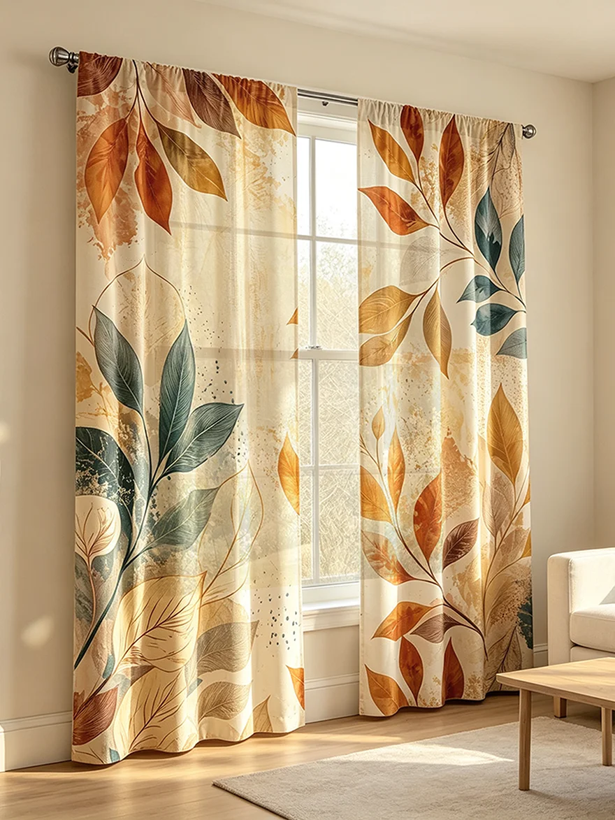 2PCS Teal Orange Autumn Leaf Curtains, Fall Print, Seasonal Window Drapes for Living Room Bedroom Home Decoration