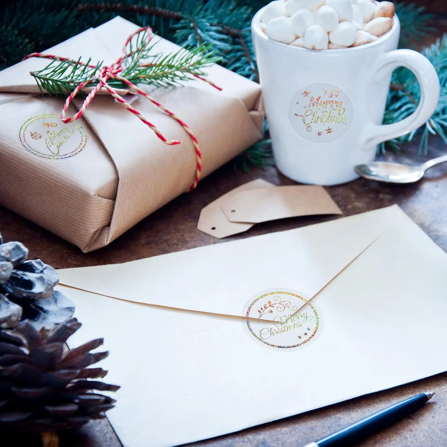 500 قطعة 1 بوصة عيد ميلاد سعيد ملصقات تسميات المغلف لواصق الختم عيد الميلاد ديكور لوازم مع عناصر ندفة الثلج لحقيبة المغلف #5