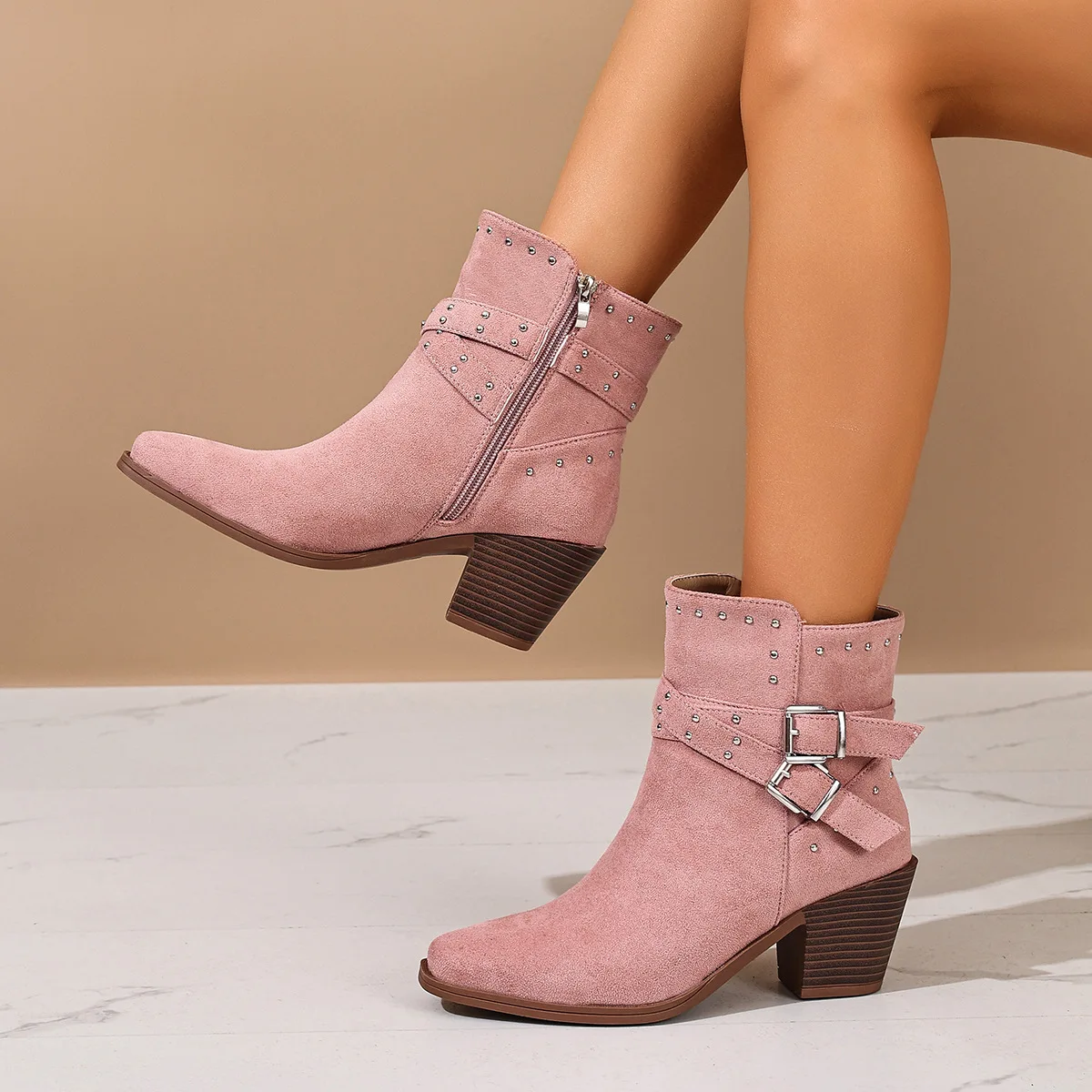 Side Zipper Autumn Winter New European American Rivet Strap Square Toe Chunky Heel Western Women Short Boots Rider
