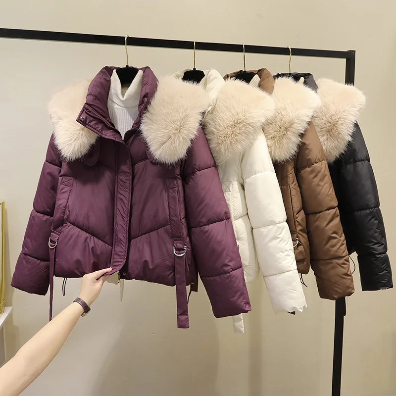 

2024 New Winter Women's Down Cotton Jackets Ultra Light Warm Coat Female Cropped Jacket Woman Parka Big Fur Collar Overcoat