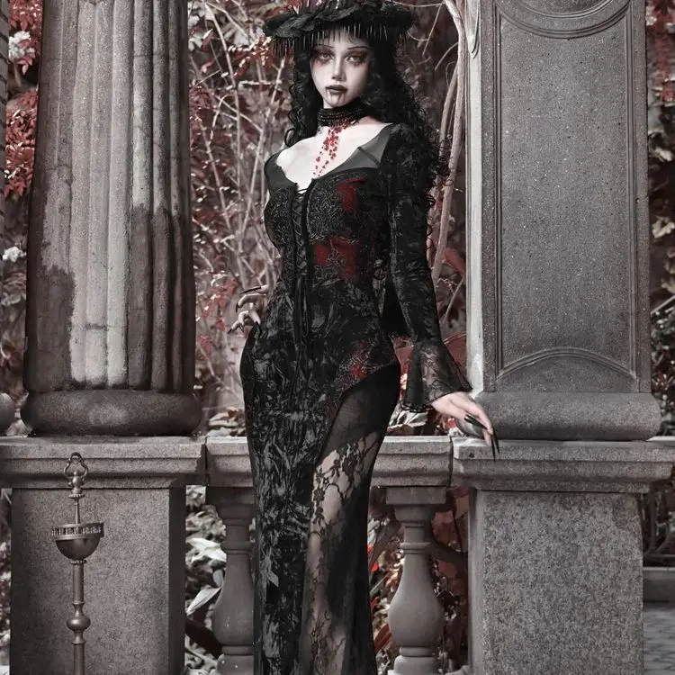 Blood Supply Original Design Vampire Black Red Dress Lace Patch Gothic Velvet Trumpet Long Sleeve X-Long Dress Holloween