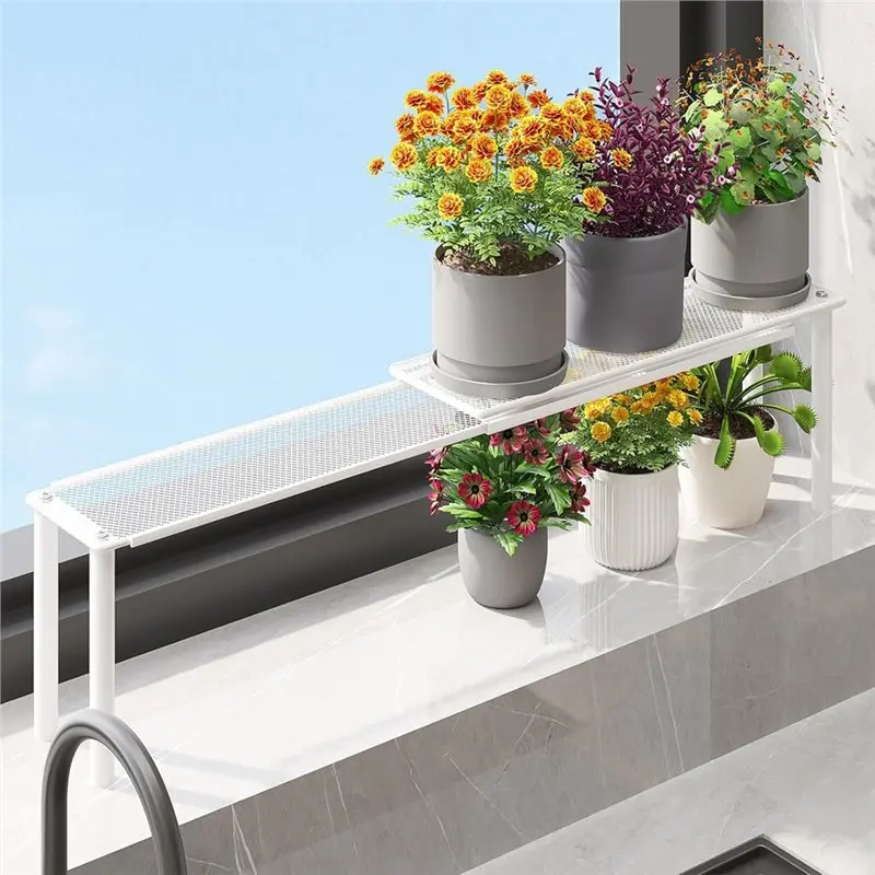 VEHO-Expandable Window Shelf For Plants- Stackable Narrow Shelves, Kitchen Sink Organizer, Countertop Holder Mesh Design