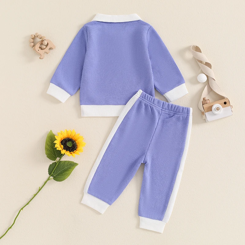 Baby Boy 2Pcs Fall Outfit Long Sleeve Contrast Color Collared Sweatshirt Pants Set Toddler Clothes