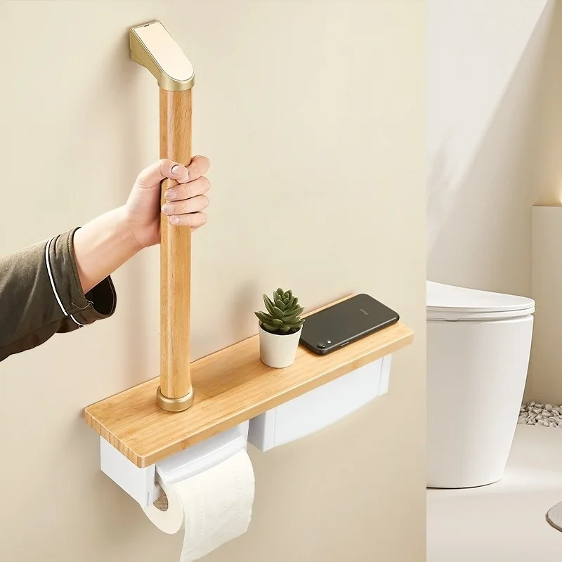 Wooden Bathroom Toilet Paper Holder With Vertical Assist Handle Wall Mounted Storage Shelf For Roll Tissue Phone Watch
