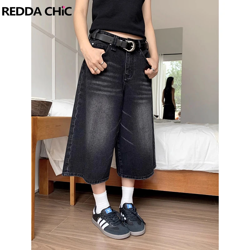 

ReddaChic Brushed Black Women Baggy Jeans Low Rise Jorts Do Old Frayed Cropped Wide Leg Denim Short Pants Trousers Acubi Fashion