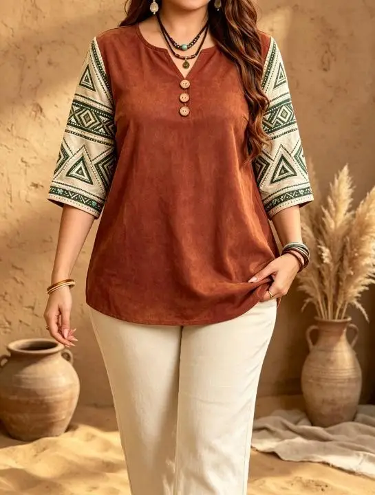 Boho Western Tribal Geometric Triangle Spliced Sleeve Women Blouse 3/4 Notch V Neck Decor Button Casual Shirts
