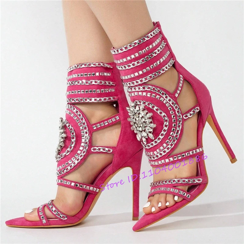صنادل بكعب ستيليتو من حجر الراين باللون الأحمر الوردي للنساء من جلد الغزال بمقدمة مدببة وسحاب خلفي وكعب عالي فاخر وسلسلة كريستالية أحذية الحفلات #4