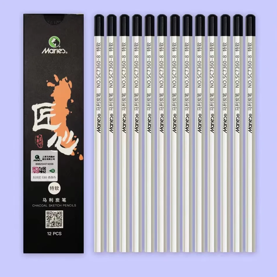 Marie\'s 6/12pcs Professional Sketch Charcoal Pencil Soft/Medium/Hard/Extra-soft Drawing Charcoal Pens Art Supplies C7300/7360