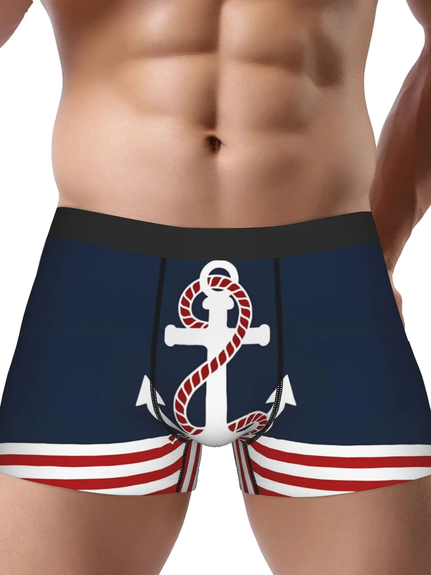 Unique Men'S Boxer Briefs Featuring a Nautical Design with Red And White Stripes And a Red Anchor on a Blue Background