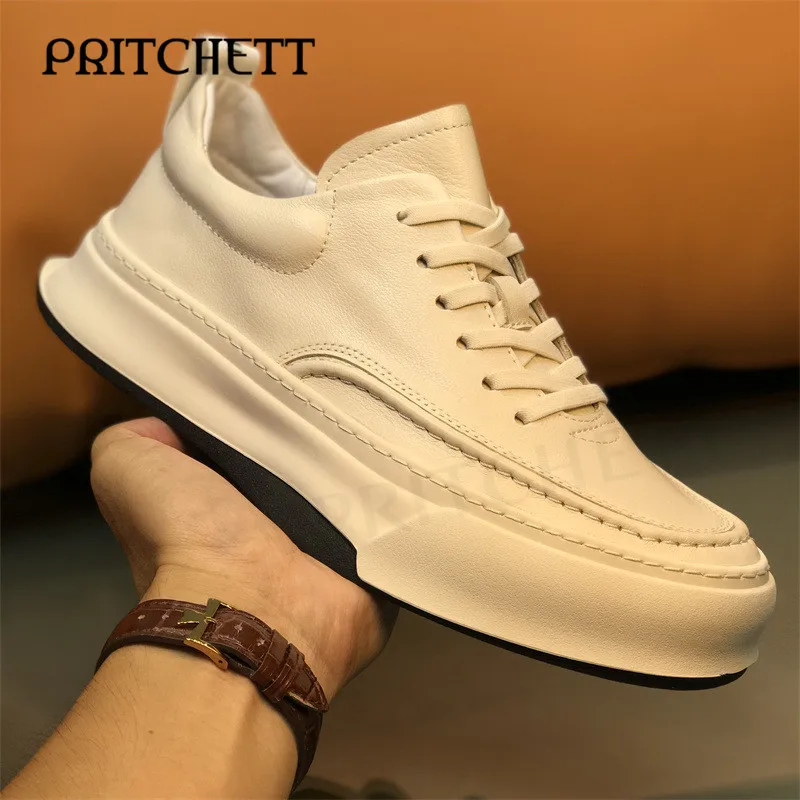 Black and White Genuine Leather Sneakers Round Toe Thick Sole Lace-Up Sneakers, Men's Trendy Casual and Comfortable Daily Shoes