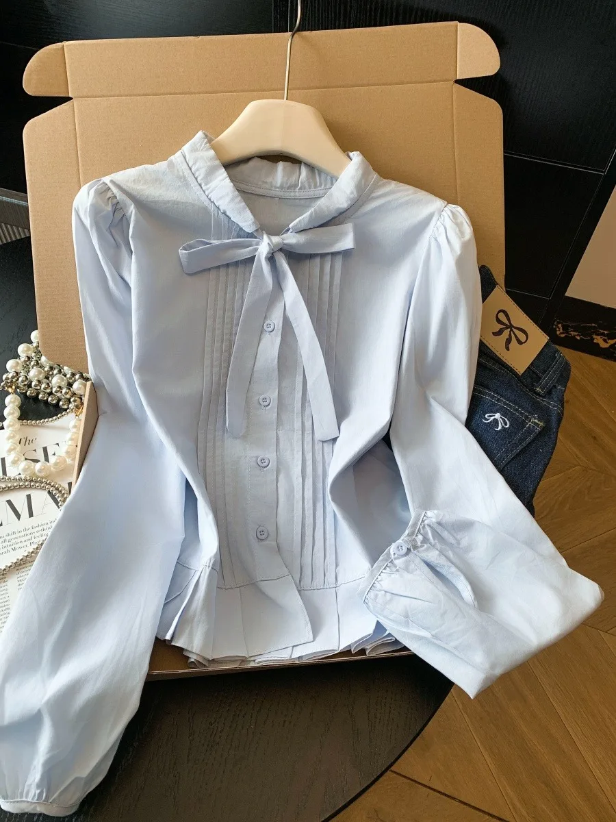 

Синяя плиссированная юбка-рубашка женская летняя модная омолаживающая красивая блузка с плиссированным подолом прямого кроя с узлом