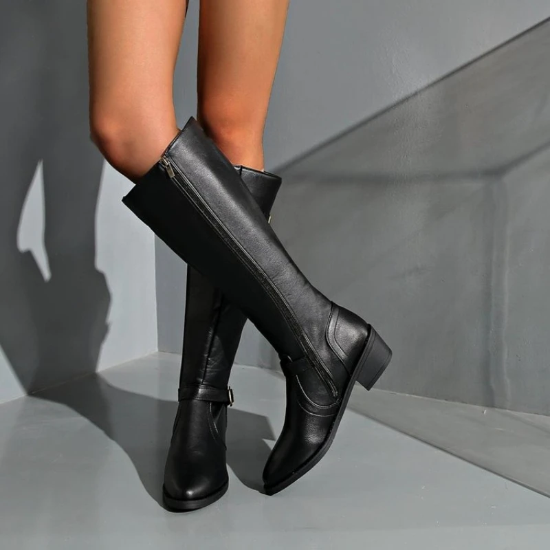 Women Knee High Boots Platform Long Boots Low Heels Round Toe Shoes New Zip Black High Boot Vintage Pu Leather Women Boots 2025 image 4