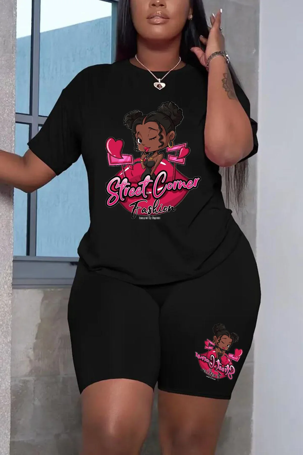 Plus size conjunto feminino verão casual manga curta topos camiseta e calças curtas conjunto de duas peças dos desenhos animados impressão plus size