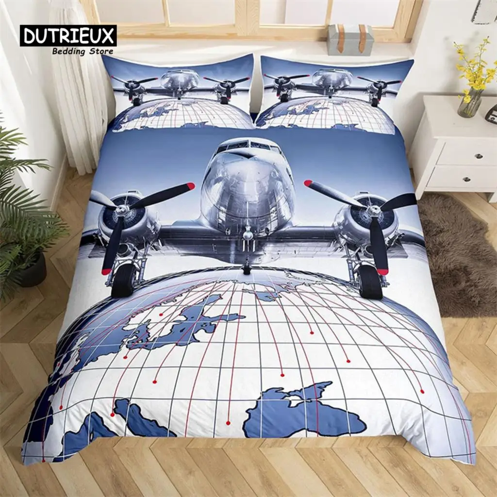 

3D Airplane Duvet Cover King Aircraft Transportation Bedding Set Microfiber Globe Comforter Cover Helicopter Decor Quilt Cover