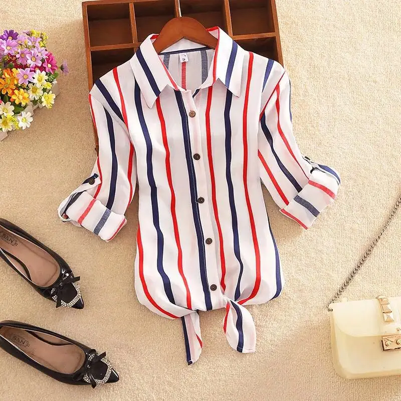 2024 Spring Summer New Cotton Large Loose Slimming Cardigan Top Women\'s Clothing Korean Casual Striped Checkered Shirt for Women