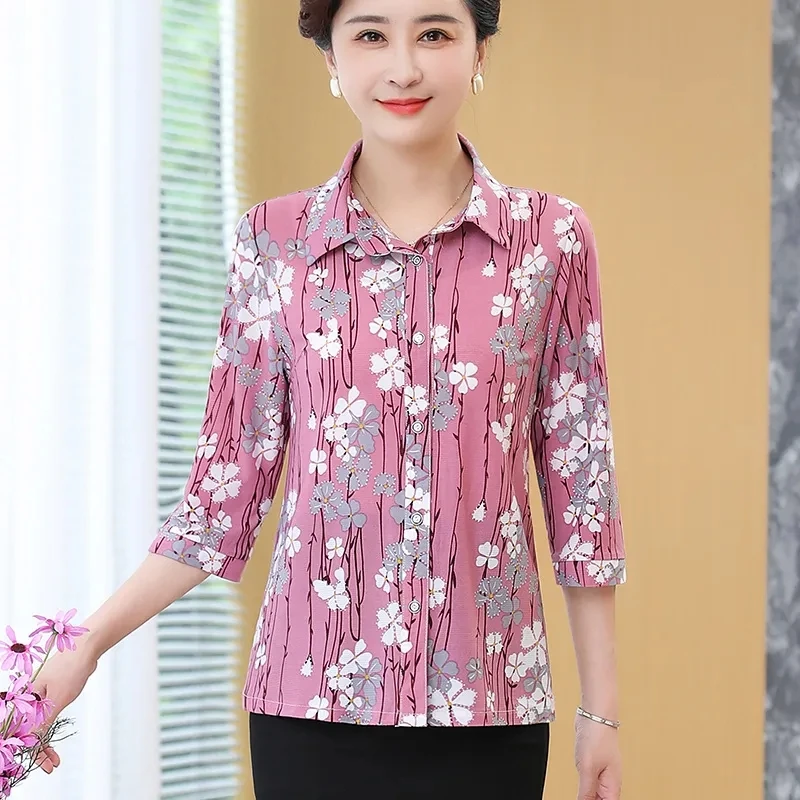 Elegant Middle-aged Women\'s Shirt And Tops Summer New Printed Casual 3/4 Sleeve Elastic Blouse Middle Aged Mother Blusas 5XL