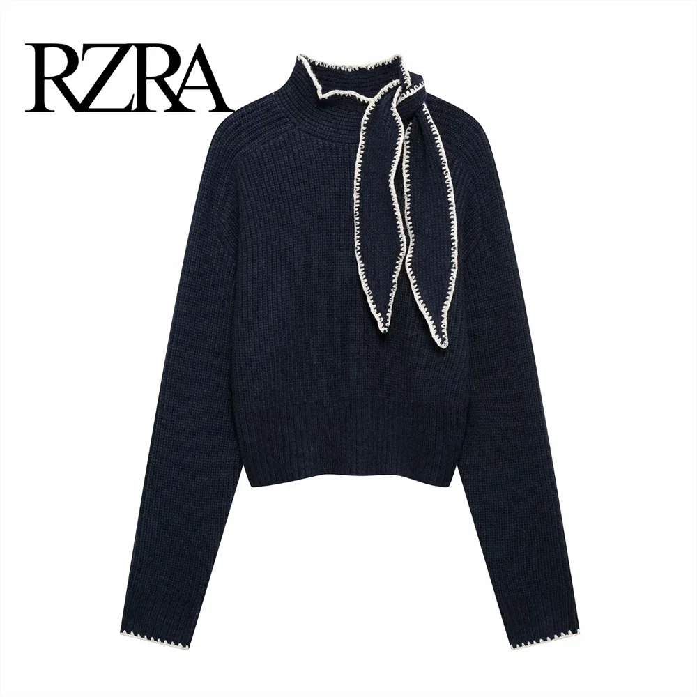 RZRA2024 Autumn/Winter New Product Sweet and Spicy Style Bow Decoration Color blocked Long sleeved Knitted Sweater