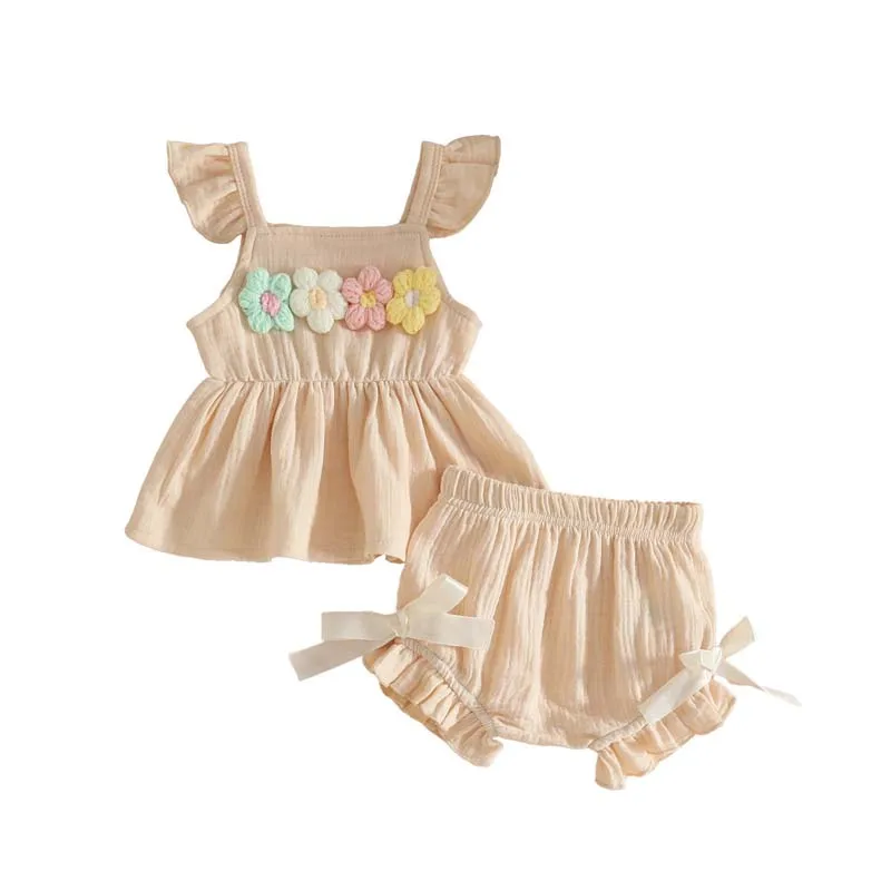 Baby Girl Clothing Outfits Summer Decal Sleeveless Tops with Ruffled Shorts 2-Piece Newborn Set 3-24 Months