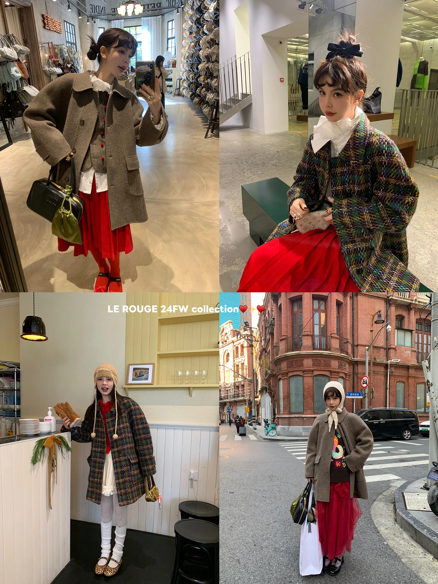 

Le Rouge Classic Retro Brown Woolen Tweed Wrap Coat Women's Faion Straight Cut Long Sve Mid-Length Coat Pure Color