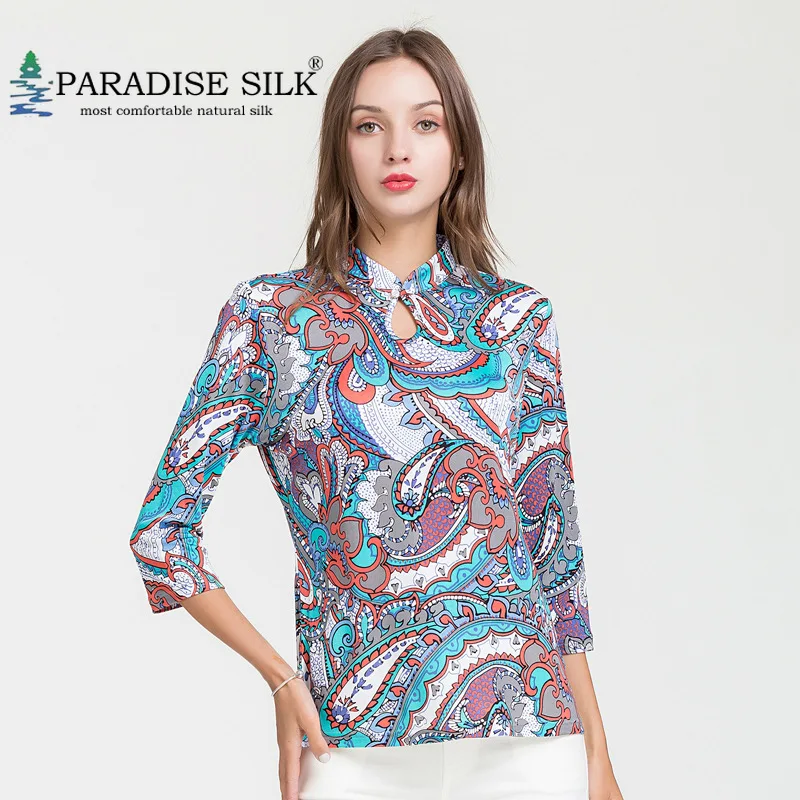 Women Shirts Natural Pure Silk Three-Quarter Sleeve T-shirt Stand-up Collar Floral Print Blouse Asia Size L XL 2XL 3XL