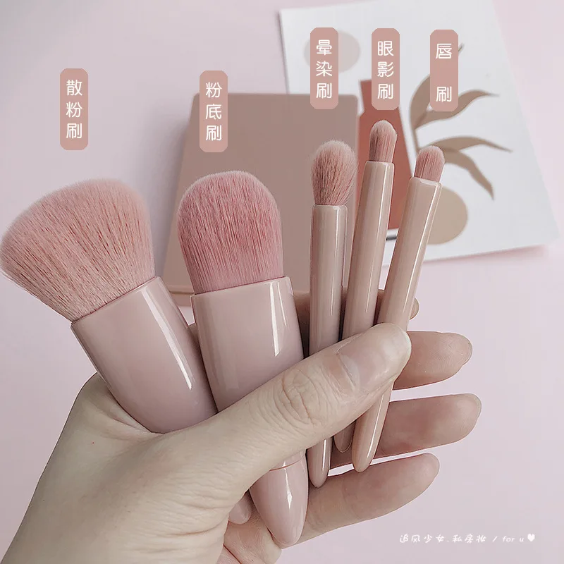 5pcs Travel Size Makeup Brushes Set Portable Mini Makeup Brushes with Mirror Small Complete Function Cosmetic Brushes Kit Tools