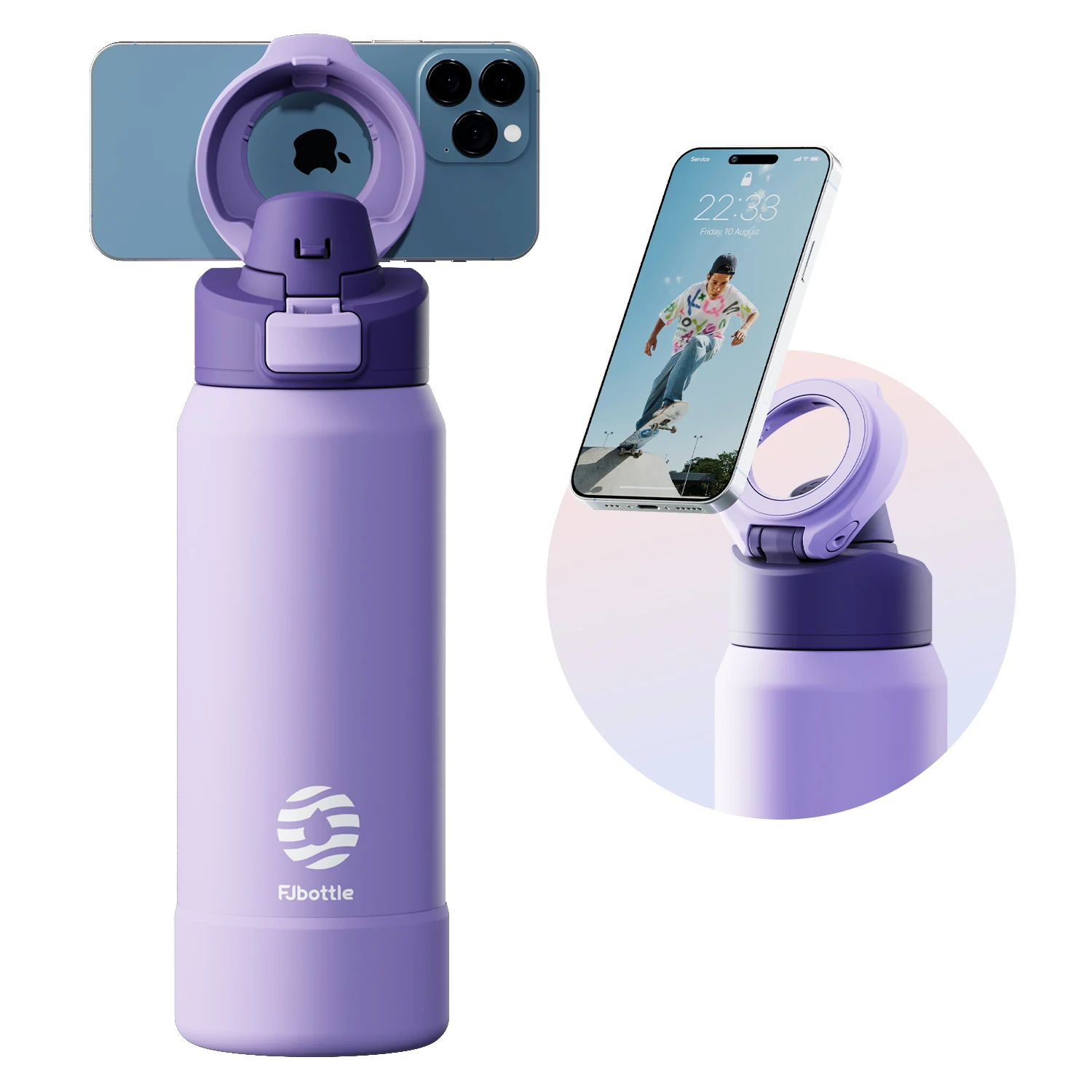 Fjbottle Magnetische Thermosfles van RVS Sportwaterfles met Magnetische Telefoonhouder en Isolatiebeker met Afneembaar Deksel