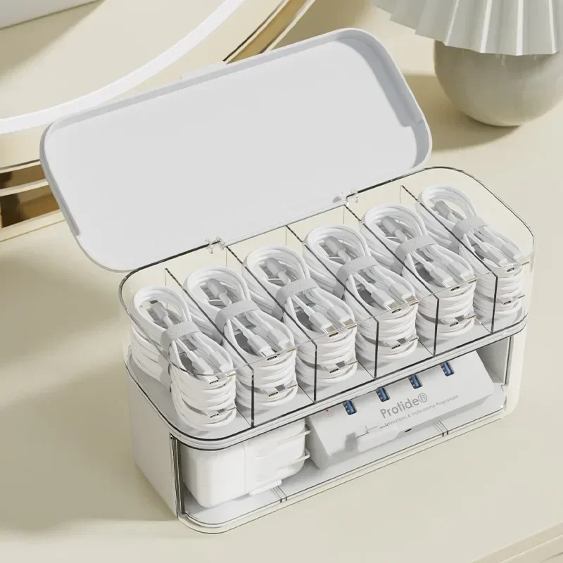 Transparent Multi Compartment Cable Storage Box Solid Color Dustproof with Cover Desktop Charger Data Cord Organizer