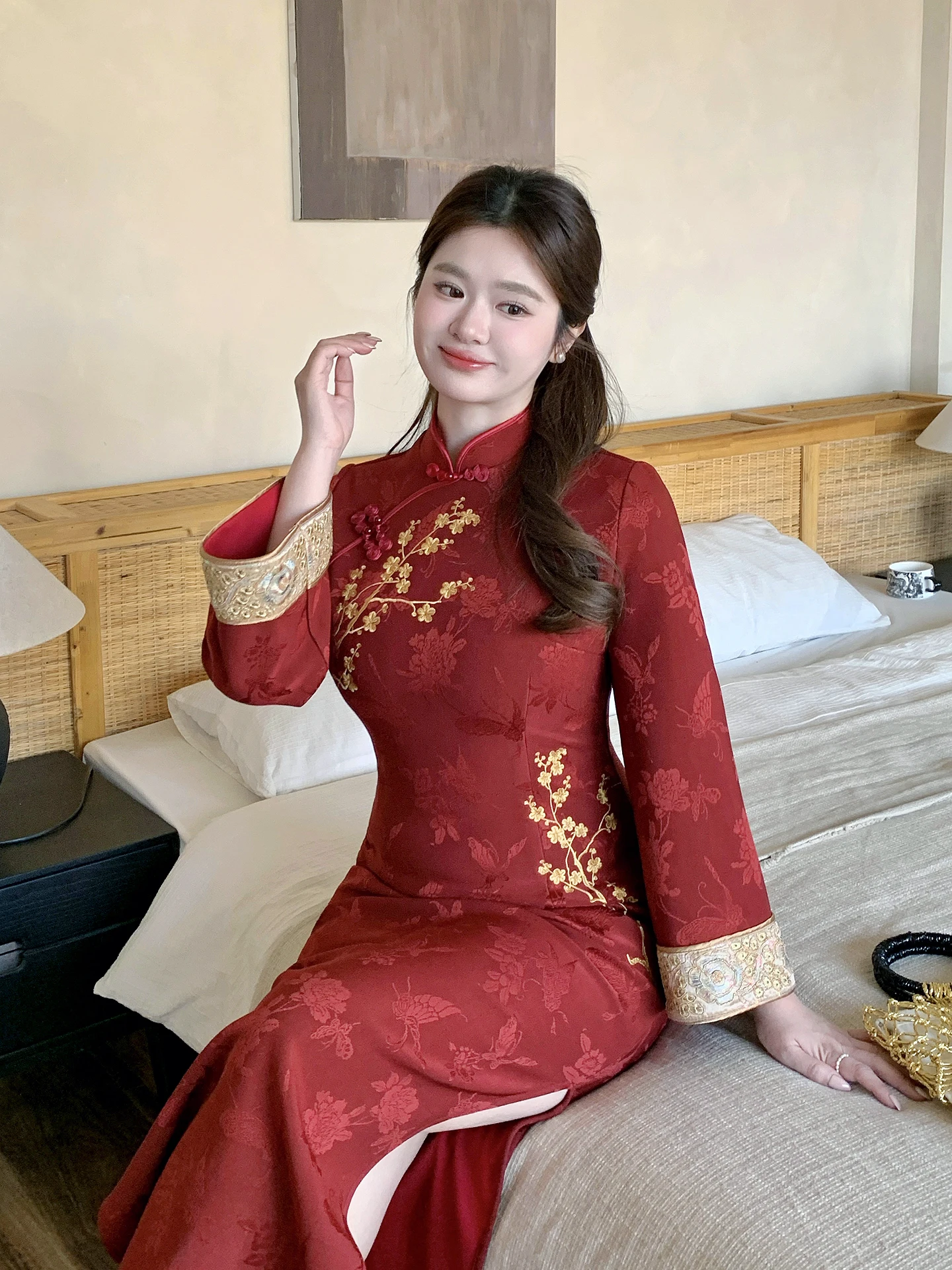 

Red Embroidered New Chinese Sle Wedding Dr plus Size Evening Gown High Waist Long Sve Zipper Ba Fit for Engagement