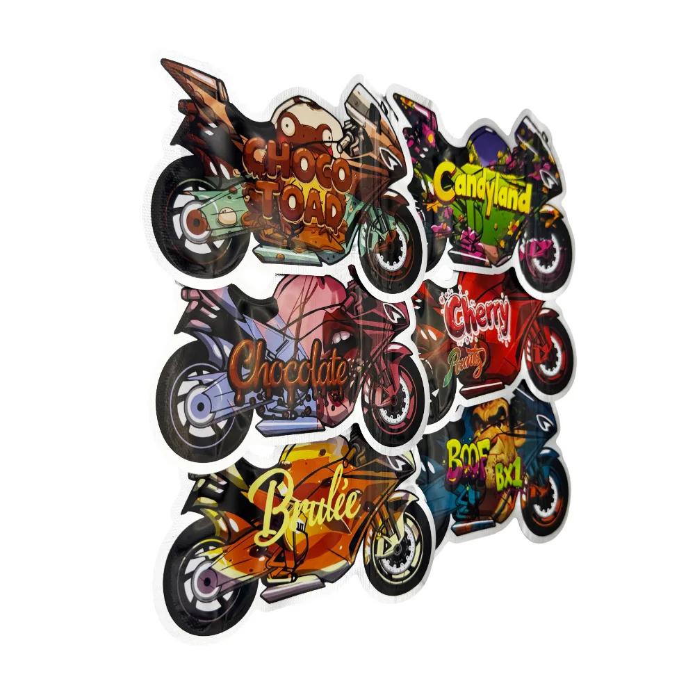 

100 шт., майларовые сумки в форме мотоцикла, 3,5 г, устойчивый к запаху чехол, сенсорный пустой замок на молнии, 3,5 упаковка для закусок, упаковочный чехол для хранения