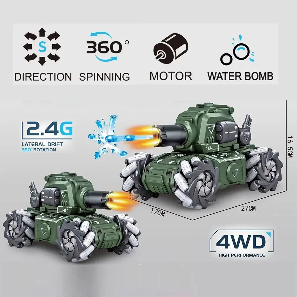 Controle Remoto Mão Controlado Stunt Car, RC Car, 360 ° Flips, Shooting Gel Ball com Firefight, 4WD, 2.4G