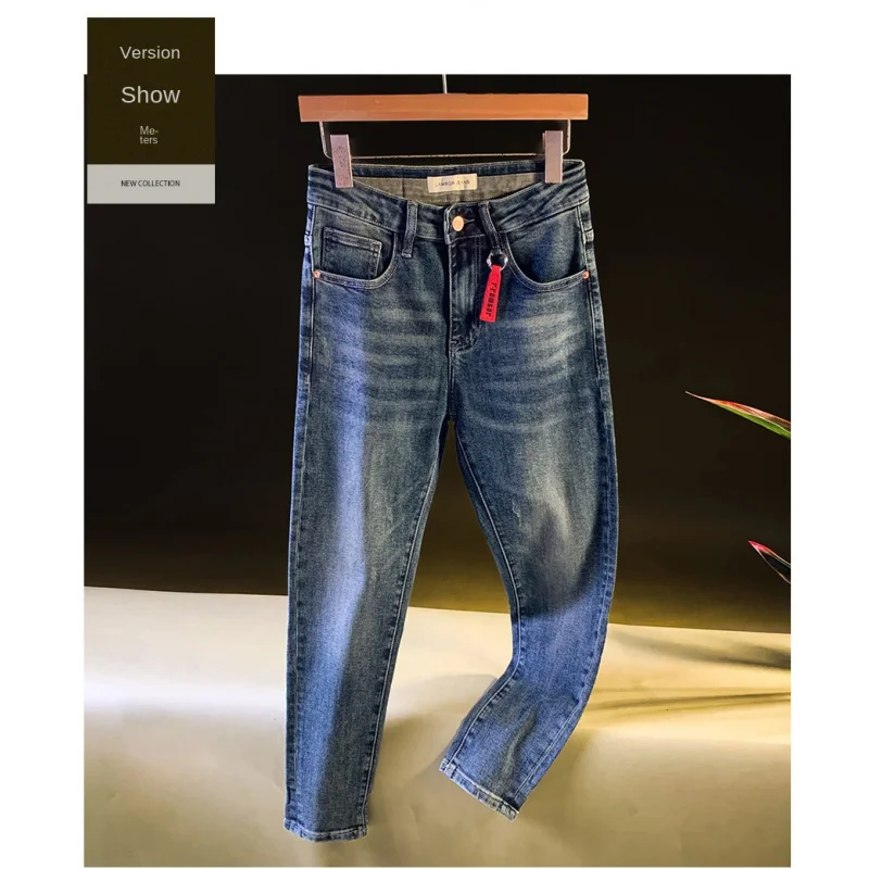 2025 autumn slim fit jeans men's Chinese style embroidered printed small feet casual elastic versatile high-end men's pants