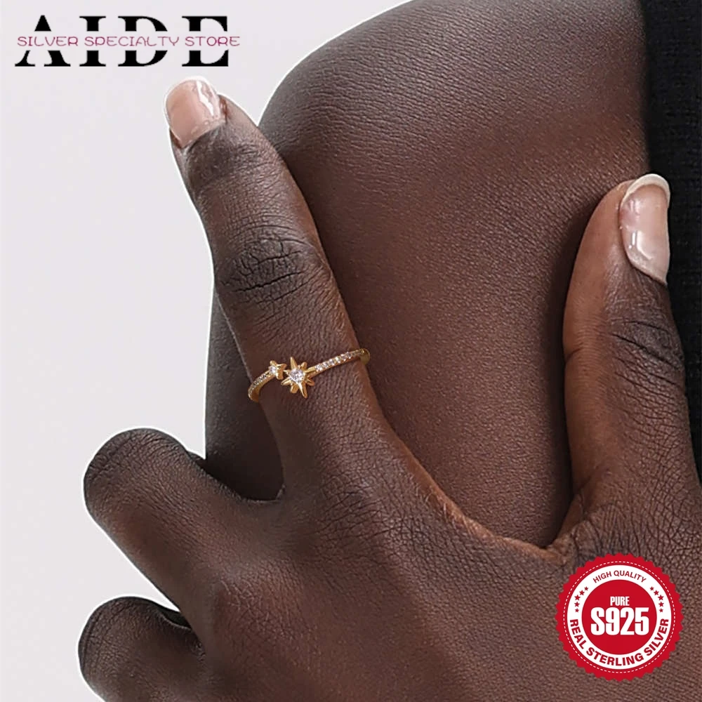

AIDE стерлингового серебра 925, классическое восьмиугольное кольцо со звездой и луной, цирконом, открытое регулируемое кольцо для женщин, высокое качество, повседневные обручальные украшения