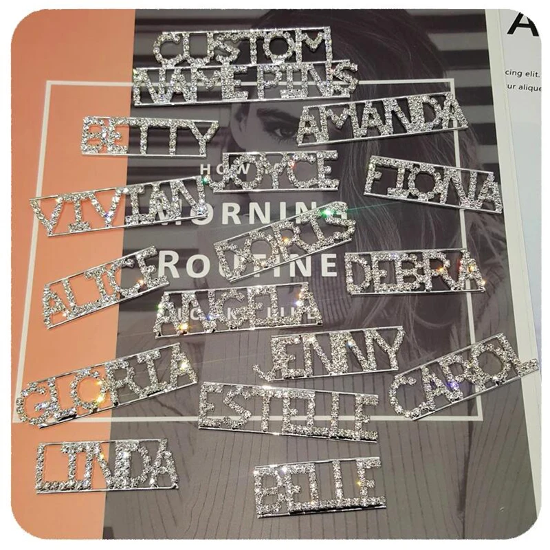 GRANDBLING Name Brooch Crystal Customized Word Pins Handmade Custom Name PLate Pins Wedding Party Badges Unique Jewelry Gift