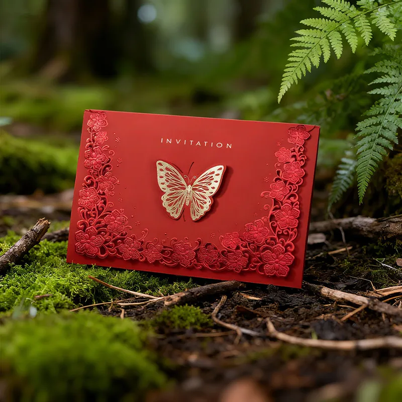 

10pcs/lot Wedding Supplies Laser Cut Luxurious Butterflies Wedding Invitations Red Elegant Wedding Invitation Cards Personalized