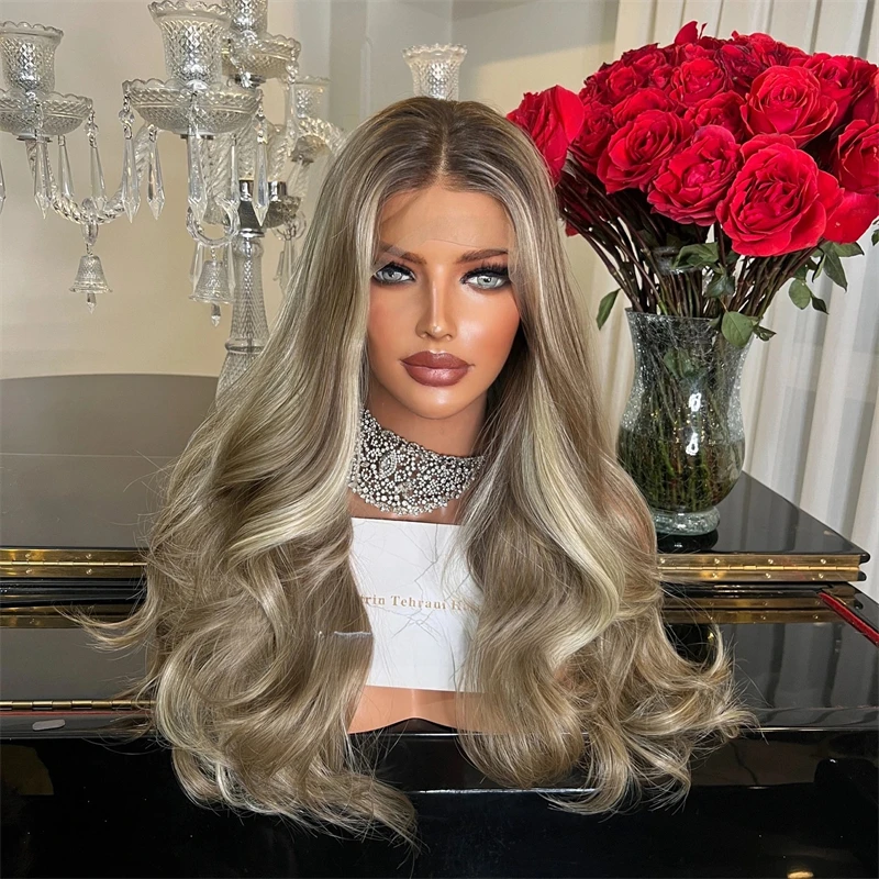 

Парик Ombre Ash Blonde Синтетический HD парик фронта шнурка с темными корнями Легко носить Термостойкое роскошное мягкое волокно Futura 28 дюймов