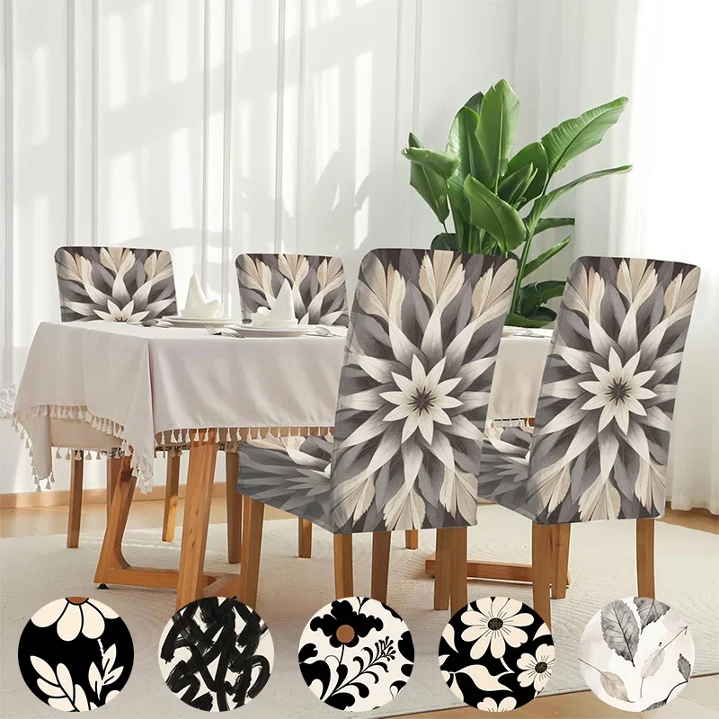 Stretch Dining Chair Cover Black White Grey Geometric Mandala Feather Abstract Floral Pattern Removable