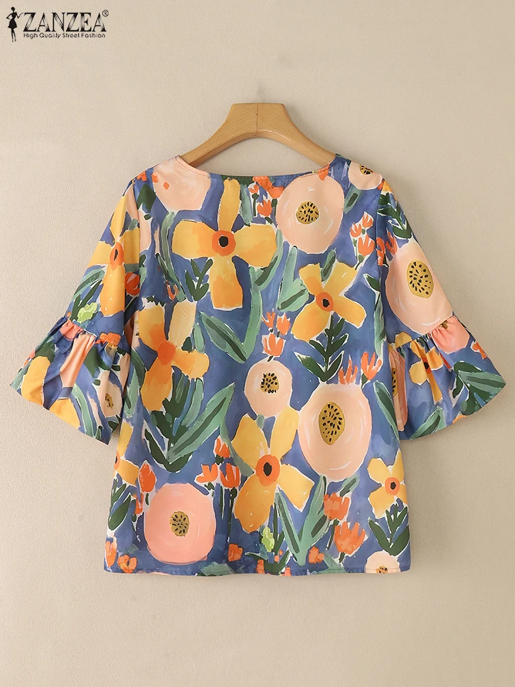 ZANZEA Donna Casual Camicette con stampa floreale 2025 Moda estiva 3/4 Manica svasata O-Collo Blusas allentati Mujer Abbigliamento da giorno Top per le vacanze