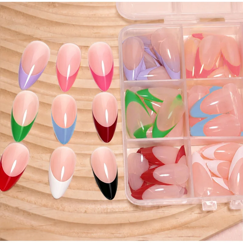 216pcs Medium Almond French Press-On Nails Macaron Color Full-Coverage Fake Nails, Nail Art Accessories for Women Summer Wear