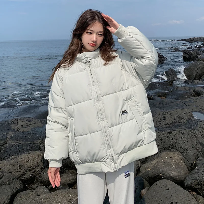 Lady Korean Minimalist Grayish Green Zip Up Stand Collar Cotton Coat Women Raglan Sleeve Loose Warm Concise Padded Jacket