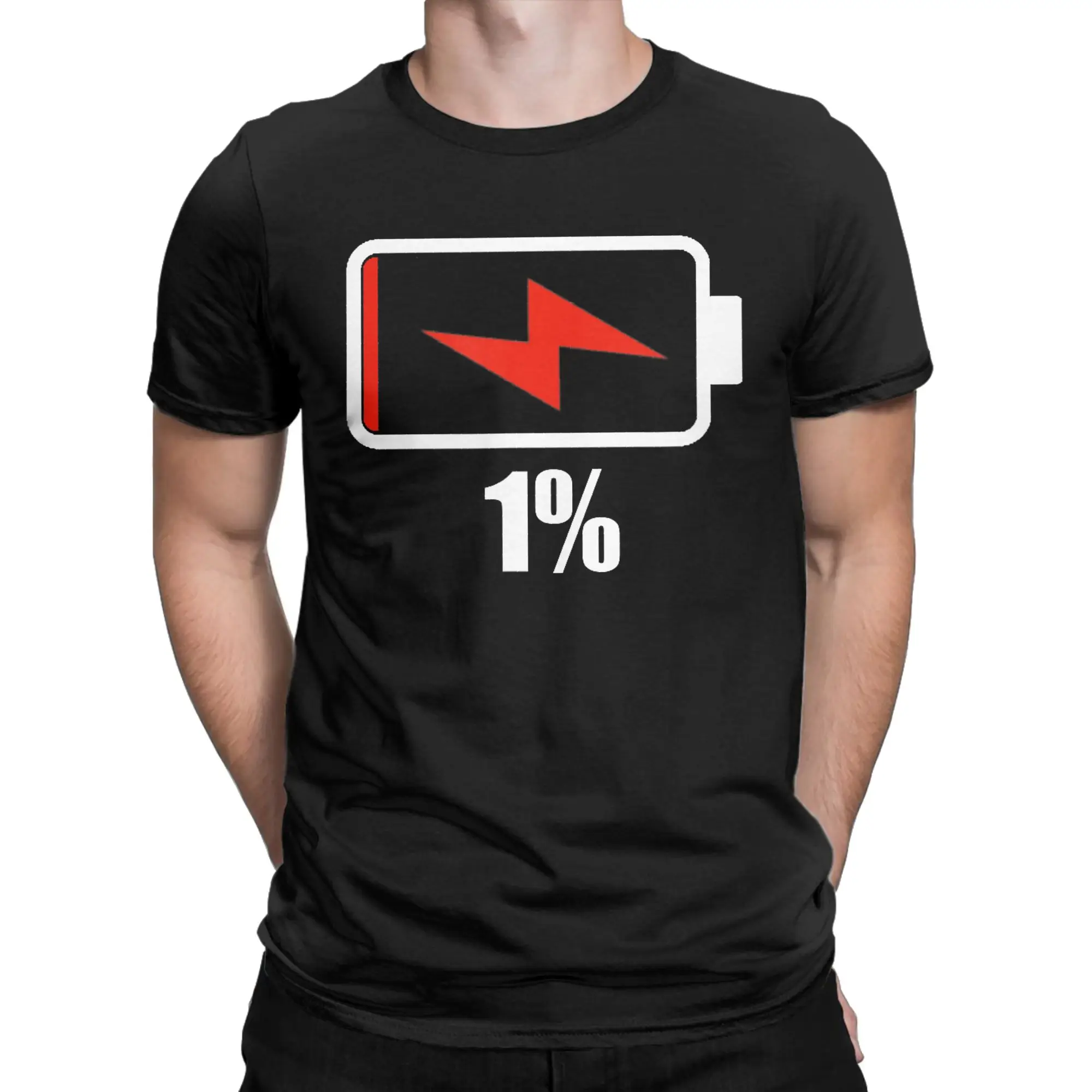 Battery 1% shirt [1% remaining] Battery Dead battery low T-Shirt for Men Round Collar Cotton T Shirt  Short Sleeve Tees Clothes
