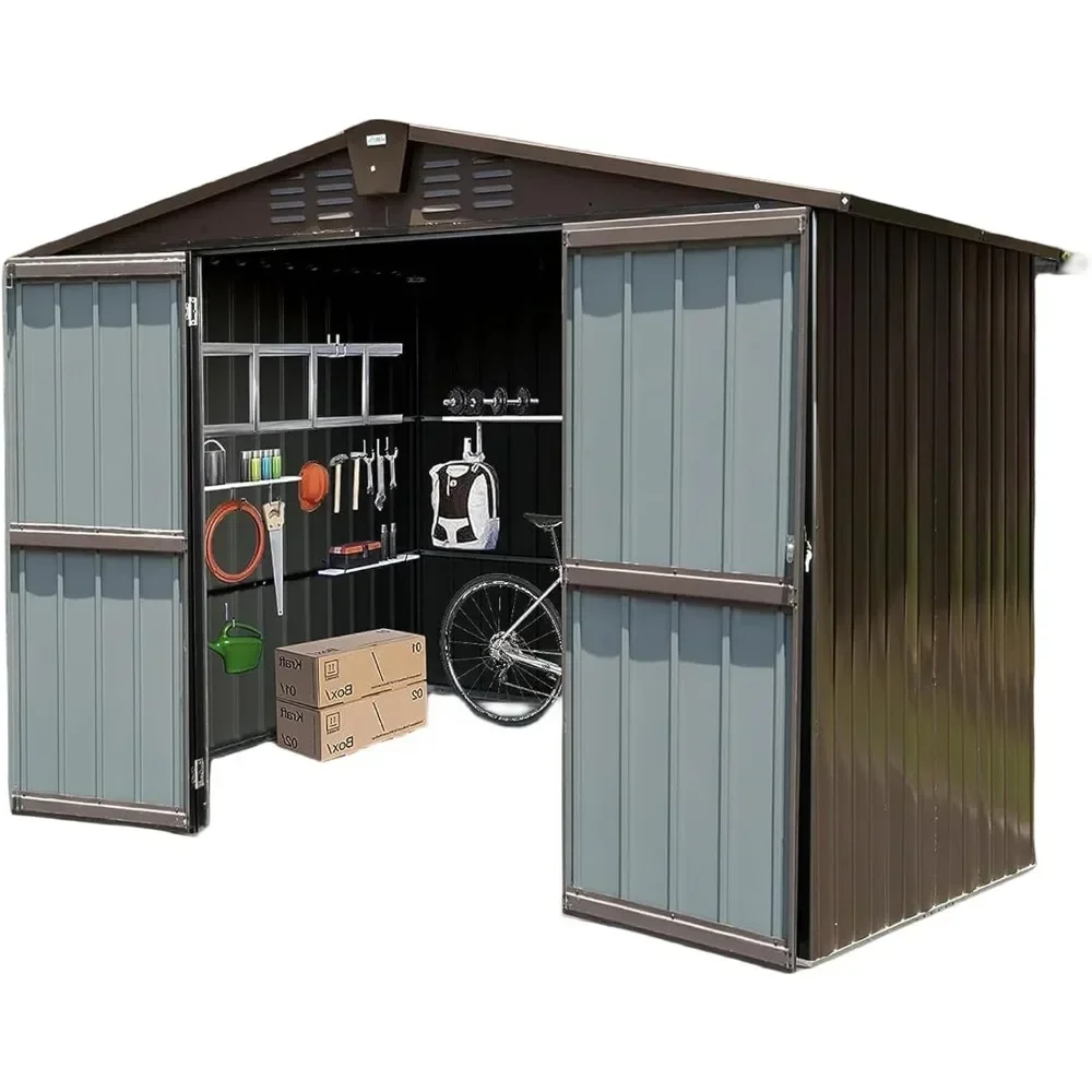 Storage Shed 10'x8',Metal Tool Sheds Storage House with Lockable Double Door,Large Bike Shed Waterproof for Garden(Brown)