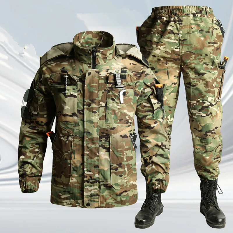 Spring and Autumn Men's Outdoor Casual Tactical Grid Wear-Resistant and Dirt-Resistant Workwear Labor Protection Suit Set