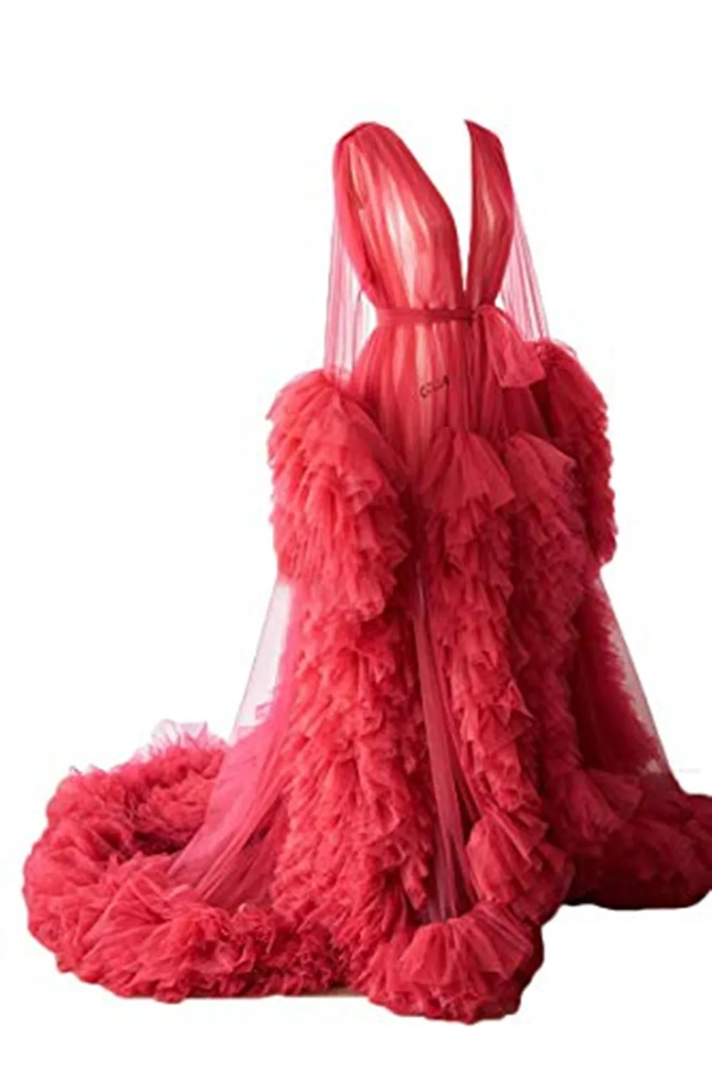 Unique Mother\'s Dresses Long Sleeves Tulle Maternity Robes Photoshoot Prom Gowns Fluffy Tiered Tulle Robe Formal Party Dress
