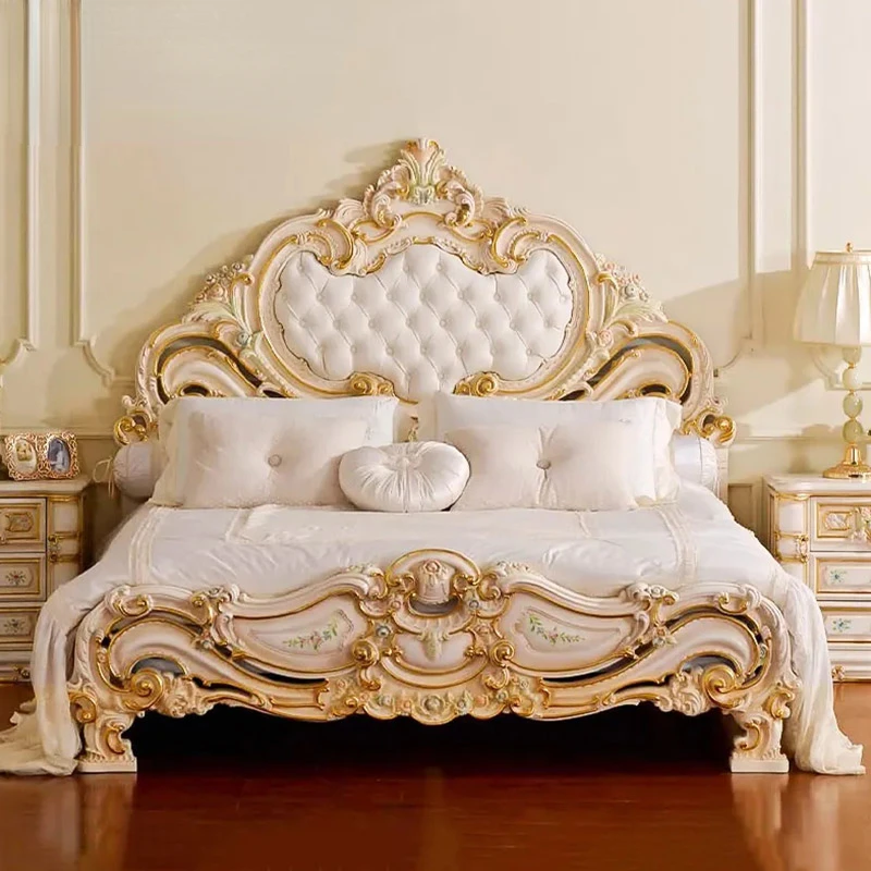 Palace Solid Wood Carved Double Bed Villa Bedroom Marriage Bed Fabric Princess Bed